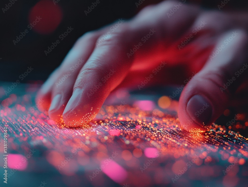Poster Immersive Digital Interaction Luminescent Data Exploration with Quantum-Inspired Visual Particles Revealing Dynamic Technological Connectivity and Sensory Innovation