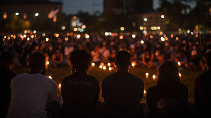 Candlelight vigil gathering at night in city park

