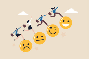 Employee happiness, wellbeing or positive attitude, emotional intelligence to improve success, joyful work or optimistic concept, business people jump from anxiety to delight smiling face emoticon.