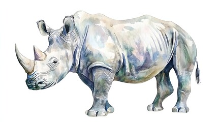 Obraz premium Watercolor Painting of a Rhinoceros in Profile Capturing the Grace of Wildlife in Natural Habitat