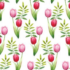 Red tulips watercolor hand painting on white background seamless pattern for fabrics, paper. Spring flowers. Card for Mothers day, 8 March, wedding.