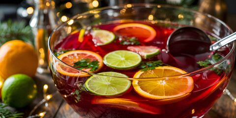 Festive Holiday Citrus Punch Bowl. Vibrant red punch in a glass bowl, adorned with fresh orange and lime slices, perfect for festive holiday catering and celebrations.