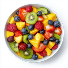 Obraz premium Bowl of fruit salad top view healthy delicious snack isolated on white background