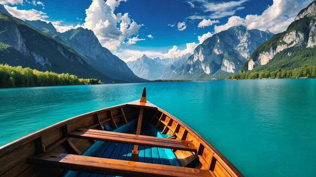 Fantastic excursion and travel destination. Amazing perspective with mountains and lush forest from the wooden rowboat, lake.