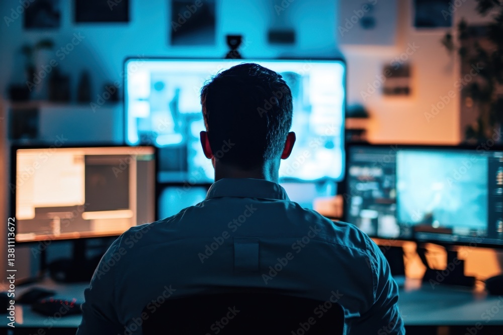Poster focused individual working on multiple computer screens in a dimly lit room at night