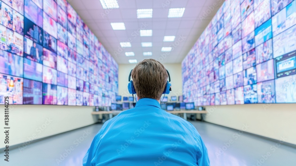 Aufkleber Immersive AI Surveillance Next-Gen Security Operations Center Visualizing Hyperconnected Monitoring Technology with Minimalist Blue-Toned Professional Workflow Optimization