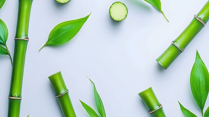 Bamboo Sticks and Leaves Arranged Aesthetically on a Calm Light Background