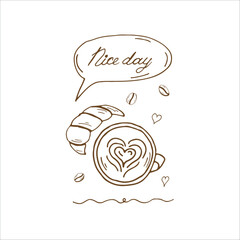 Coffee time poster concept. Coffee party card design. Hand drawn doodle illustration with teapots, cups and sweets and hearts