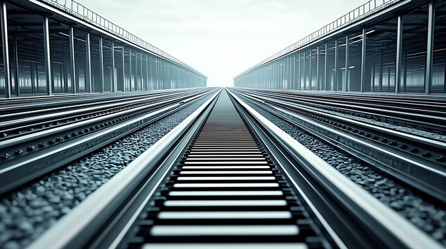 Railway tracks converge under a steel canopy, creating a sense of travel and industrial progress