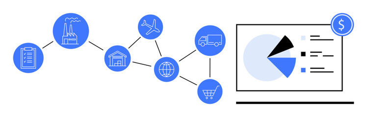 Sequential supply chain icons including factory, warehouse, transportation, and retail leading to a data dashboard with analytics at the end. Ideal for logistics, business strategy, efficiency