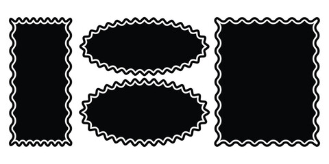 Zig zag edge collection. Jagged rectangle, circle, oval elements set. Black graphic design elements for decoration, banner, poster, template, sticker, badge, label, tag. 
