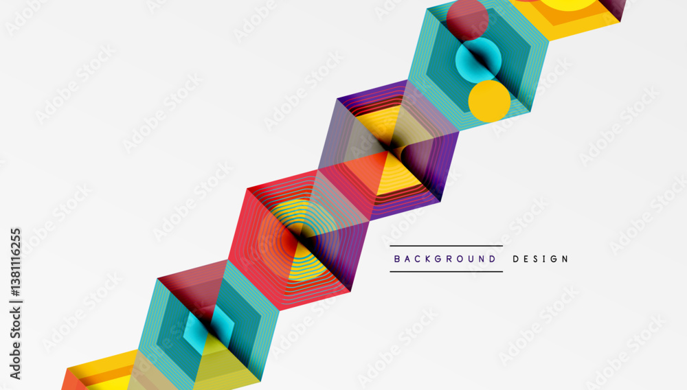 Poster abstract geometric design. colorful hexagonal prisms create dynamic diagonal line. bright shades, mo