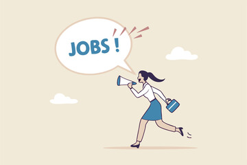 Job advertising or vacancy announcement, human resources recruitment, job communicate or hiring opportunity, career development seeker or employment concept, businesswoman announce jobs on megaphone
