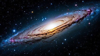 Naklejka premium A majestic spiral galaxy viewed from an angle, highlighting its glowing core and swirling arms adorned with bright stars and cosmic dust.