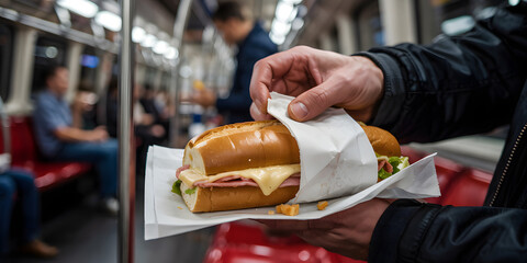Eating Sandwich on the Subway. Close-up of hands holding a sandwich on public transport. Man eating lunch while commuting on a subway train, other passengers blurred.