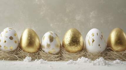 Festive Easter eggs gold white straw nest holiday decoration