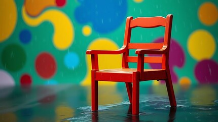 Red Chair in Rain-Flooded Room