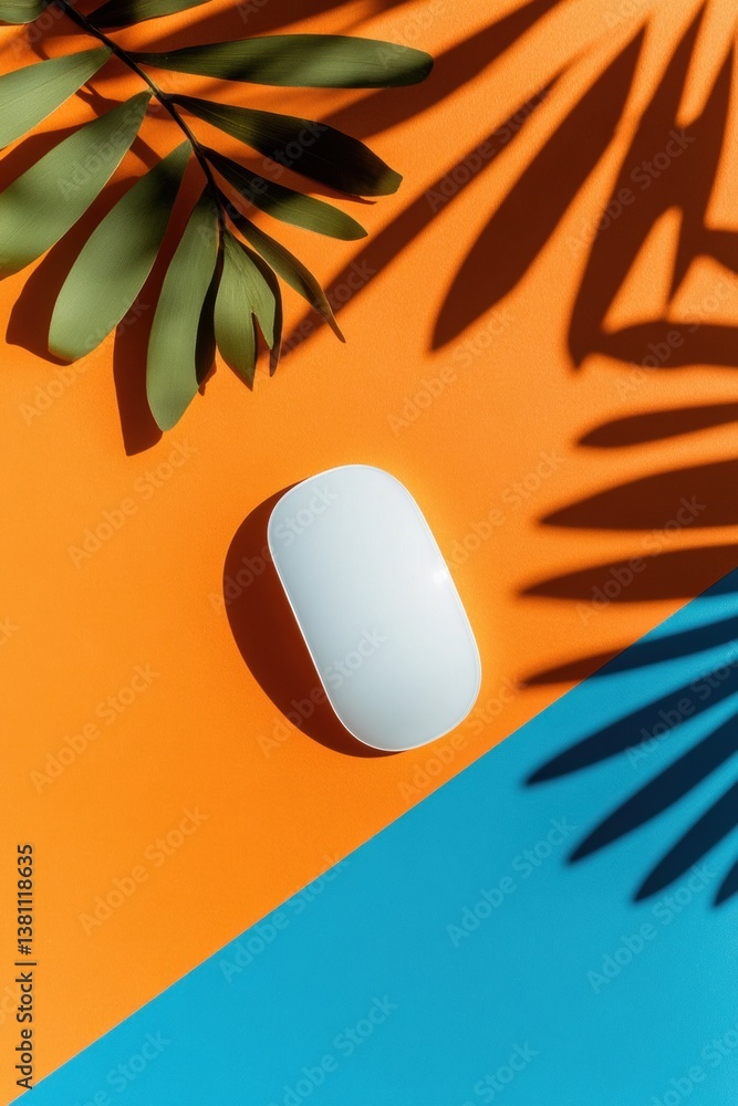 Fototapete Minimalist Tech Meets Tropical Aesthetics Ergonomic White Computer Mouse on Bold Color-Block Background - Innovative Workspace Design and Creative Productivity Solutions