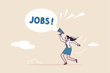 Job advertising or vacancy announcement, human resources recruitment, job communicate or hiring opportunity, career development seeker or employment concept, businesswoman announce jobs on megaphone