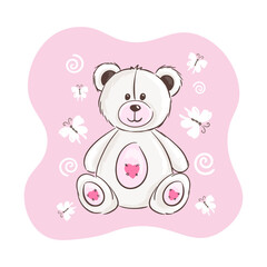 Cute vector clipart teddy bear with butterflies on pink background. Vector illustration