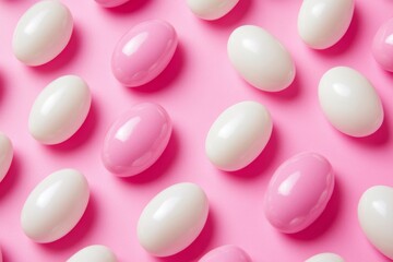 Pink and white oval-shaped objects arranged in a grid pattern on a pink surface