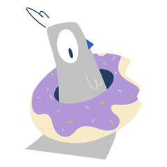 Funny grey pigeon character inside a purple donut. Isolated humorous character for sticker pack, social media, or print