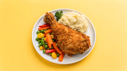 Crispy fried chicken leg served with mashed potatoes and colorful mixed vegetables bright yellow background, creating vibrant and appetizing meal