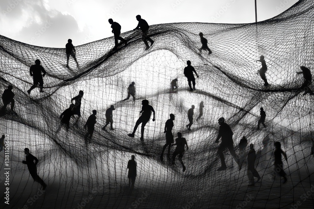 Poster black and white scene of individuals navigating through an intricate net structure illustrate the in