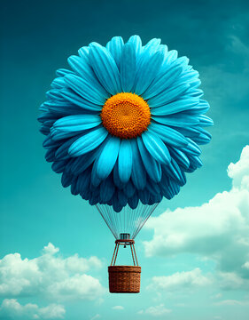 a surrealistic digital artwork with a dreamy and imaginative air balloon where the balloon is made entirely of blue daisies with yellow centers floating on a serene sky with fluffy white clouds
