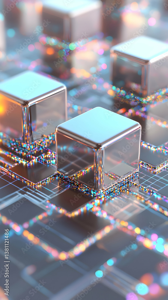 Fototapete Metallic Cubes on a Circuit Board: Abstract 3D Rendering