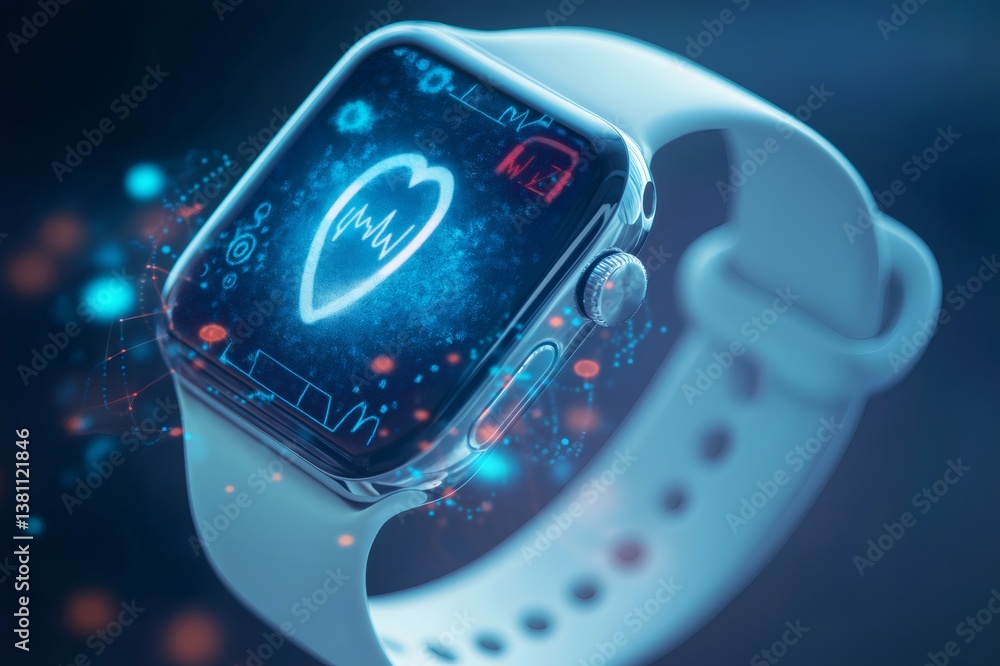 Poster close up of a smartwatch syncing health data with a cloud service, displaying heartbeat and other he