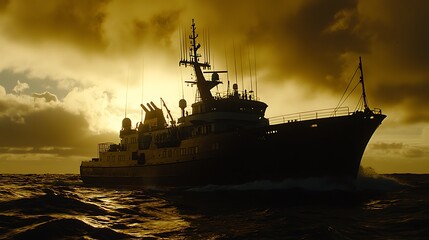 Obraz premium Research vessel travels turbulent sea at sunset; stormy sky background. Use scientific report, adventure blog