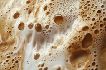 Creamy coffee foam forms intricate patterns and bubbles on the surface of a freshly brewed cup, creating a visually appealing texture