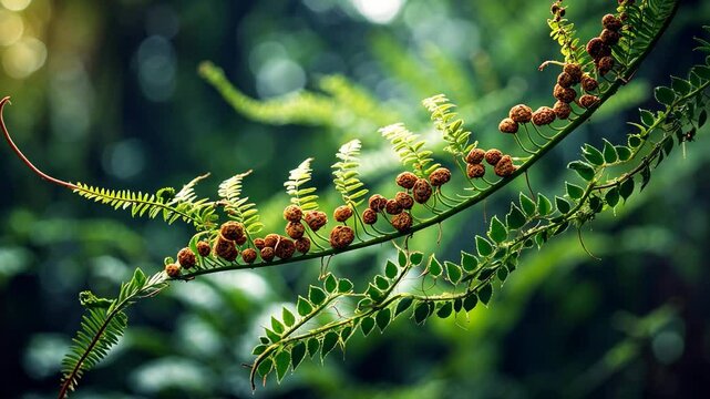Fern frond's underside displaying spore-producing sori.