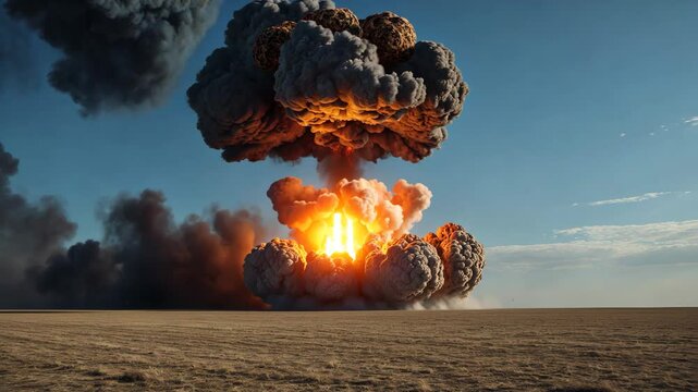 Detonation, nuclear bomb trial in an uninhabited steppe.