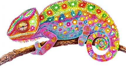 Obraz premium Colorful Chameleon with Intricate Patterns Resting on a Branch in a Bright Natural Environment