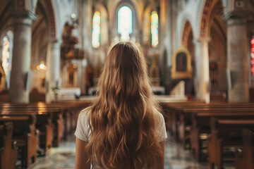 Person in a historic church with stained glass windows, reflecting on faith and spirituality – generative AI