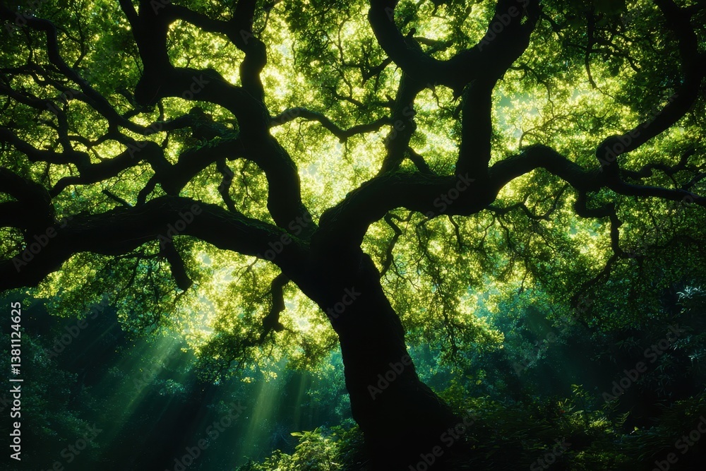 Poster majestic tree with sprawling branches illuminated by sunlight in a serene forest setting