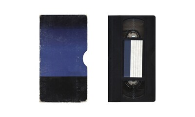 Blank cover sleeve and VHS videocassette, front sides, mockup on white background