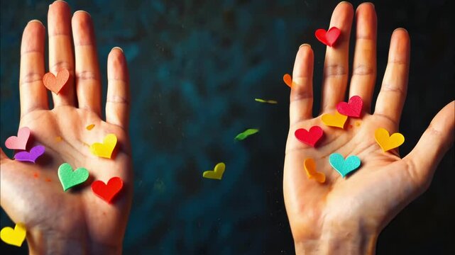 Colorful hearts bursting from open hands in a creative display of joy and affection