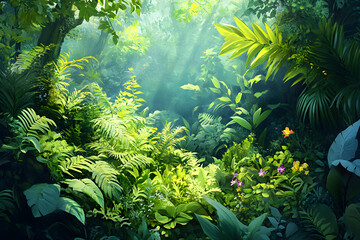 Fototapeta premium Vibrant Wilderness: A Harmonious Tapestry of Lush Greenery and Colorful Blossoms in Nature's Embrace