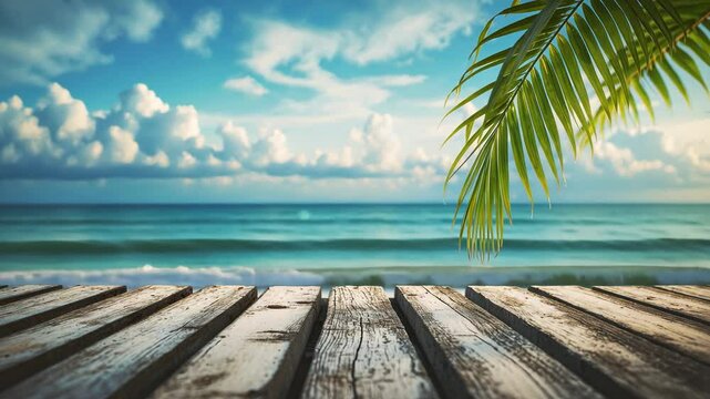 Empty wooden tabletop and palm fronds with a party on the beach in the out-of-focus background.