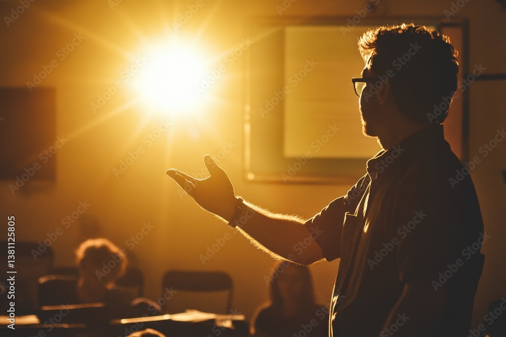 Poster person gestures while speaking in front of a sunlit window during a discussion session