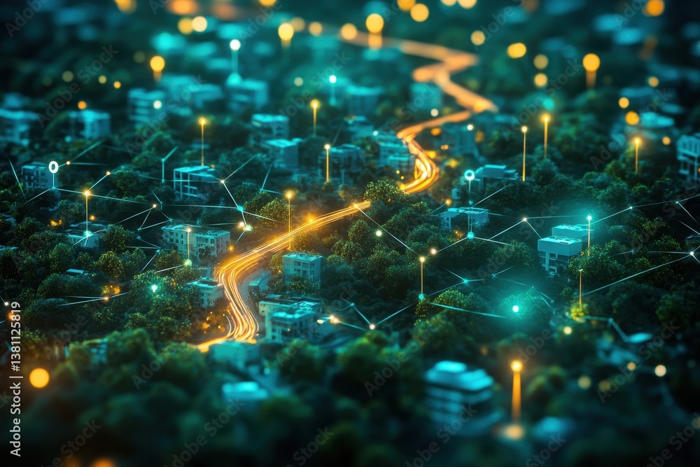 Poster night view of a cityscape with illuminated roads and connecting networks