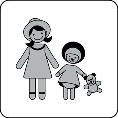 Minimalist pictogram of a smiling girl and a baby with a pacifier holding a teddy bear – ideal for themes like childhood, siblings, family life, and baby care.