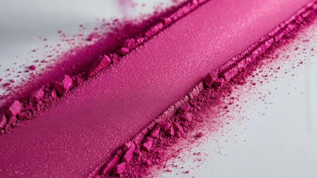 Eye shadow or blusher in pink fuchsia shimmer hue textured background on a light white isolated backdrop.