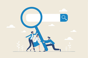 Search new job, finding candidate or discover talent, hiring and recruitment, SEO search engine optimization, find career opportunity concept, business people HR push magnifying glass on search bar.
