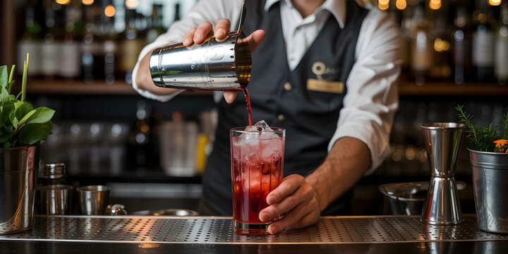 Bartender Pouring Cocktail. A bartender pours a refreshing red cocktail from a shaker into a glass of ice at a bar. Blurred background shows shelves of bottles and bar setting.