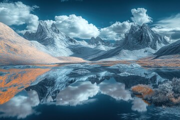 Majestic mountain landscape with reflective lake and dramatic cloud formation at midday