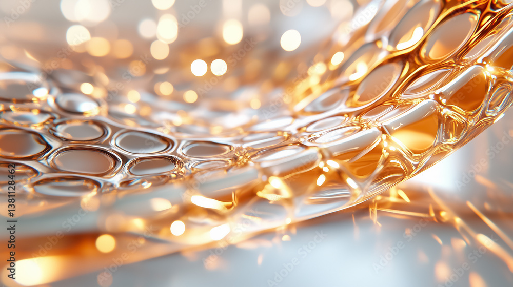 Poster clear liquid flows with intricate bubble patterns, creating warm golden hues and reflections. soft l